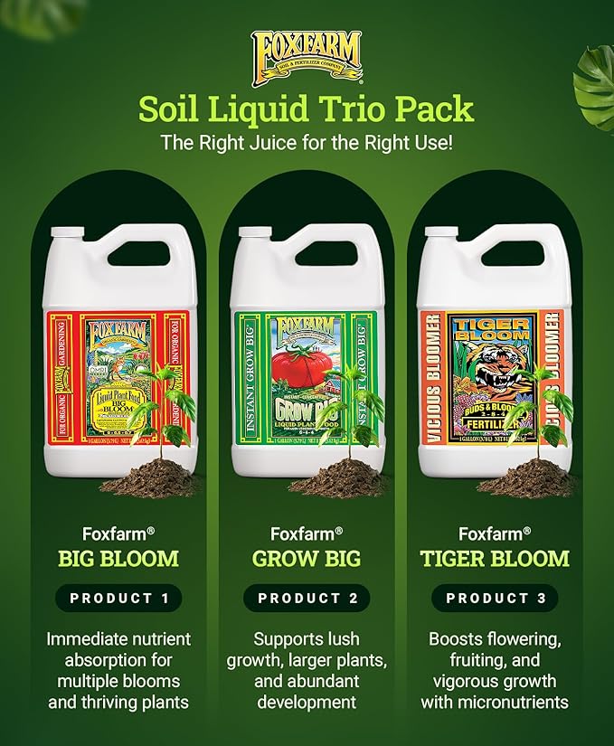 Fox Farm Fertilizer Soil Trio Liquid Nutrient: Tiger Bloom, Grow Big, Big Bloom Gallon Bottles - (Pack of 3-1 Gallon)