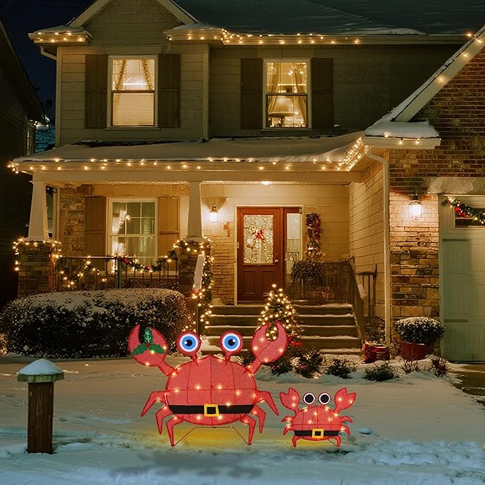 Prsildan Outdoor Christmas Decorations - Set of 2 LED Lighted Crab Yard Decor, 2D Battery Operated Holiday Lawn Figures for Porch, Garden, Home, Xmas Party Decor (Red)