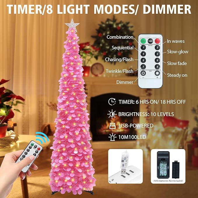 HMASYO 6 FT Pop Up Christmas Tree with 100 LED Lights & Remote, Hot Pink Christmas Tinsel Tree, Collapsible Artificial Pencil Tree for Home Office Party Decor, USB Powered Timer Lights, Easy Assembly