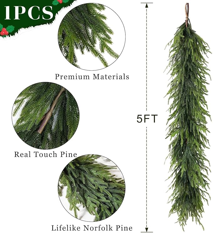 5FT Christmas Artificial Norfolk Pine Garland for Fireplace - Realistic Faux Greenery Fake Garland for Holiday,Table, Window,Mantel,Stairs, Home,Indoor Outdoor Decor (1PCS)