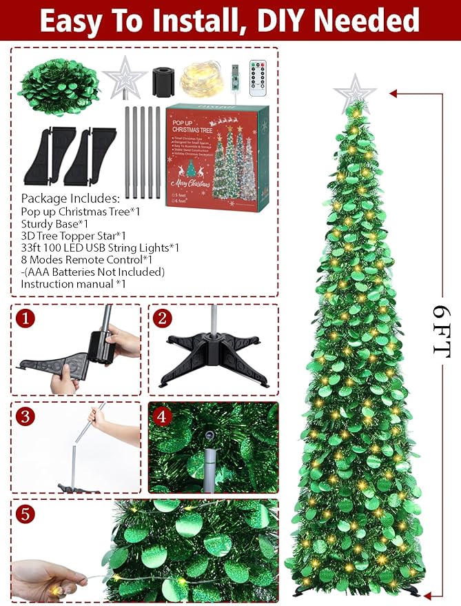 HMASYO 6 FT Pop Up Christmas Tree with 100 LED Lights & Remote, Green Christmas Tinsel Tree, Collapsible Artificial Pencil Tree for Home Office Party Decor, USB Powered Timer Lights, Easy Assembly