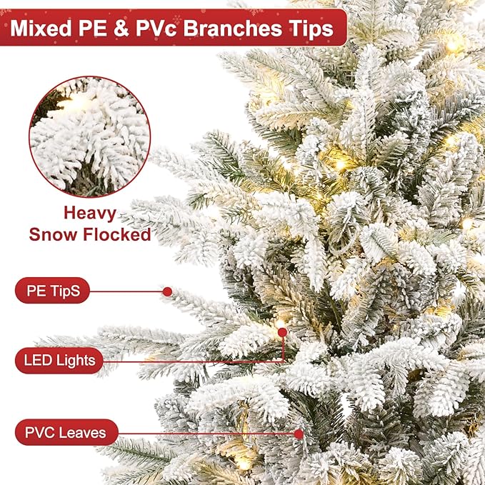 Prelit Flocked Christmas Tree, Artificial Small Christmas Tree with 100 Warm White & Multi Color Led Lights, Frosted LED Xmas Tree with Snow (3FT-Lights)