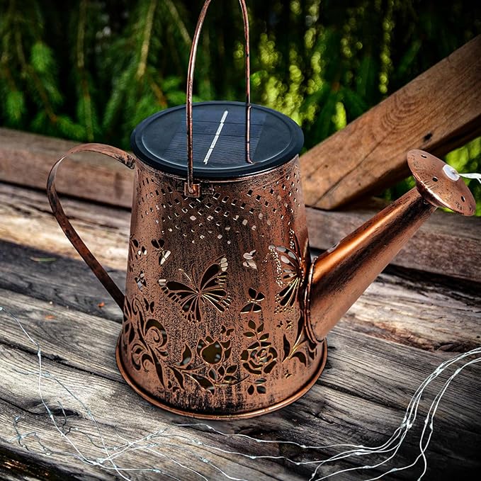 Anordsem Solar Lanterns Outdoor for Homeowners: Metal Butterfly Watering Can with Hook - Waterproof Hanging Art Decoration for Garden Patio - Gardening Birthday Gifts for Women Mom Grandma
