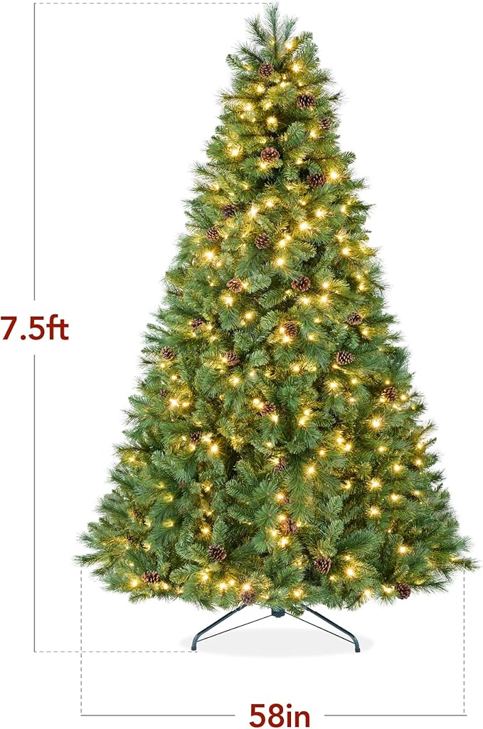 Best Choice Products 7.5ft Pre-Lit Scotch Pine Christmas Tree, Premium Pre-Decorated Artificial Holiday Decor w/ 1,320 Branch Tips, 2-in-1 White and Multicolor LED Lights, Cordless Setup