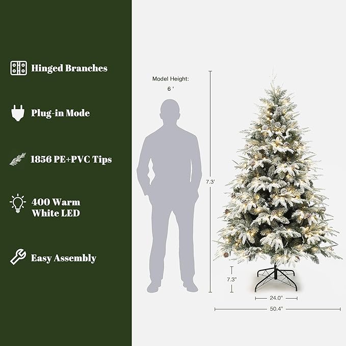 LuxenHome 7FT Christmas Tree with Lights, Full Flocked Prelit Artificial Christmas Tree with Pine Cone, 400 LED Lights,1856 PE+PVC Branch Tips, Prelit Pine Tree for Indoor, Outdoor Holiday Décor