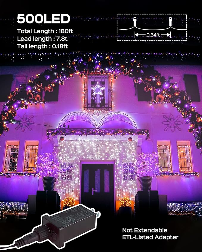 JACKYLED 180FT 500LED Halloween Lights, Outdoor String Lights 8 Modes & Memory Function, Orange and Purple Twinkle Tree Lights, Waterproof Plug in String Light for Halloween Party Outdoor Indoor Decor