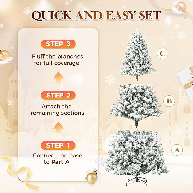 HOLLO STAR 6 ft Flocked Prelit Christmas Tree with 350 LED Lights, App Control, Artificial Christmas Tree, Multi-Color RGBW Lights, 947 Branch Tips, Snow Xmas Tree, for Home, Party