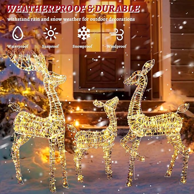 51" H Christmas Iridescent Reindeer Decoration Family Set for Yard 3-Piece Light Up Deer with 360 LED Lights and Ground Stakes 3D Large Outdoor Holiday Decoration for Patio, Lawn, Garden