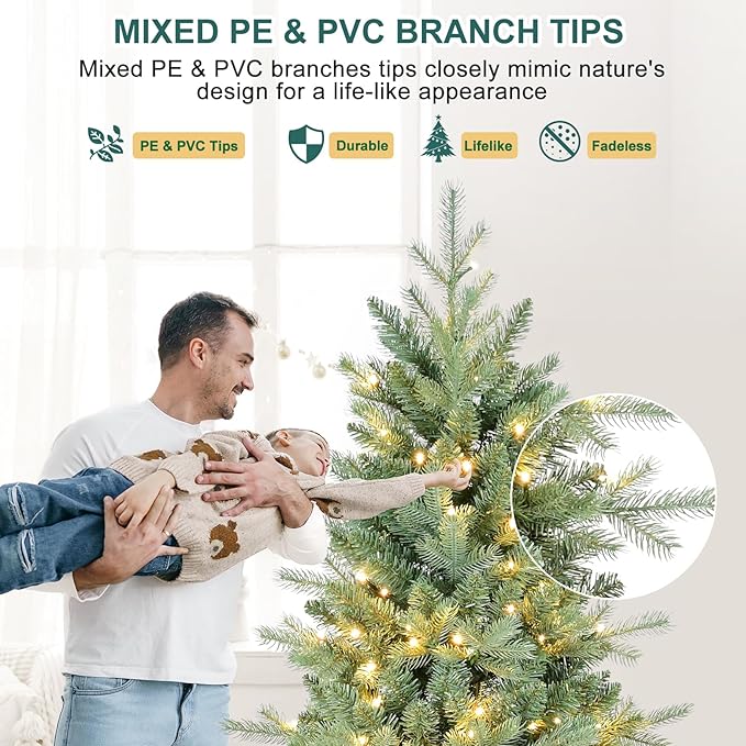 4 FT Prelit Artificial Skinny Christmas Tree,Blue Spruce Slim Pencil Xmas Tree with 566 PE&PVC Mixed Branch Tips and 130 UL Listed Clear Lights,Hinged Pine Tree with Metal Stand for Home Office Décor