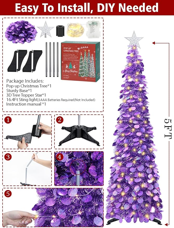 HMASYO 5 FT Pop Up Christmas Tree with Timer Lights, Purple Christmas Tinsel Tree, Collapsible Artificial Pencil Christmas Tree for Indoor Home Apartment Porch Holiday Party Decorations