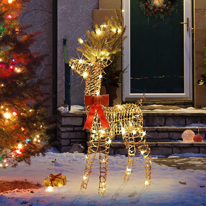 LightsUp Christmas Reindeer Outdoor, 51" H Lighted Reindeer Outdoor Christmas Decor 70 Warm White LED, 3D Rattan Deer Standing Twinkle Deer for Home Yard Patio Garden Outside Decorations