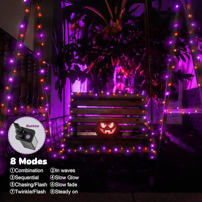 WBao Halloween Lights Orange Purple 500LED 174ft, Super Bright LED Halloween String Lights with UL Certified, 8 Lighting Modes, Timer, Memory & Waterproof for Indoor Outdoor Holiday Party Decorations