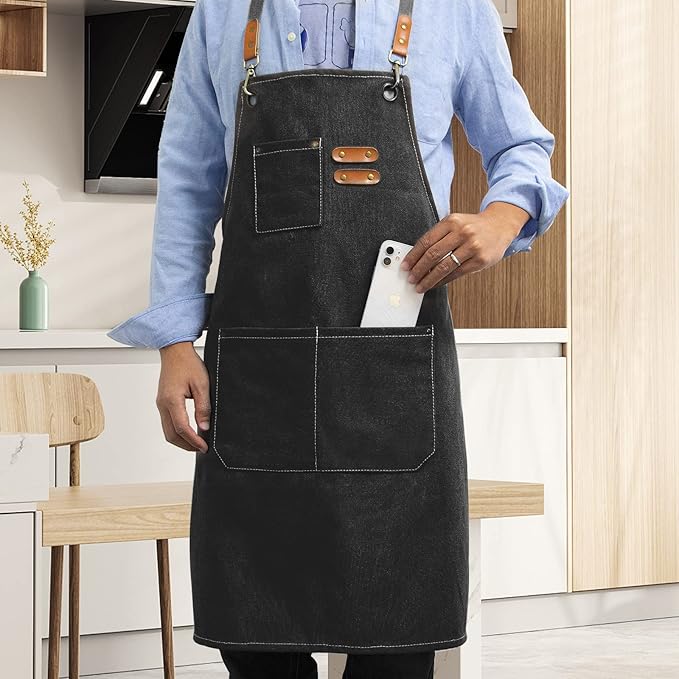Apron for Men Women with Pockets Cotton Canvas Cross Back Heavy Duty Adjustable Work Apron