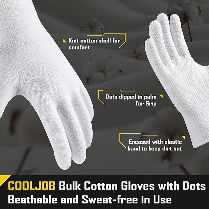 COOLJOB 12/60 Pairs Cotton Work Gloves with Non-Slip Grip Dots, Breathable Lightweight Gloves for Construction Gardening