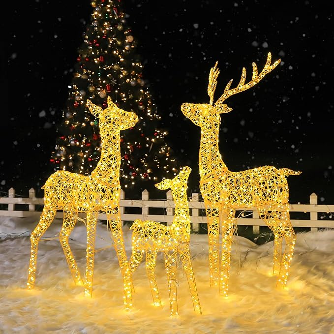 Hykolity 4.5 FT 3D Lighted Outdoor Christmas Reindeers Family, 3-Piece Light Up Twinkling Deer Set with 1660 Warm White LED Lights, Groud Stakes, Zip Ties for Holiday Decorations