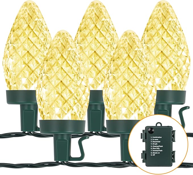 Brightever C9 LED Christmas String Lights, 70FT 100LED Battery Operated Christmas Lights With Timer & 8 Lighting Modes, Strawberry String Lights for Xmas Trees, Wreaths, Decoration, Warm White, 1-Pack