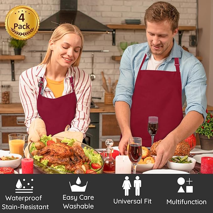 4 Packs Chef Apron, Waterproof Apron, Adjustable Aprons with 2 Pockets for Men Women, Professional Aprons for Kitchen Cooking Gardening Painting Baking Restaurant (Wine)
