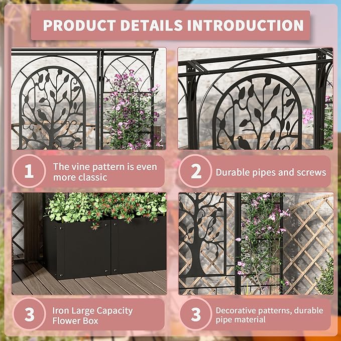 Metal Planter Box with Trellis, Raised Garden Bed with Trellis Privacy Screen, 62 inch Tall Planter Boxes for Climbing Plants, Flowers, Vegetables, Fruits, Balcony and Patio Decor (Black)