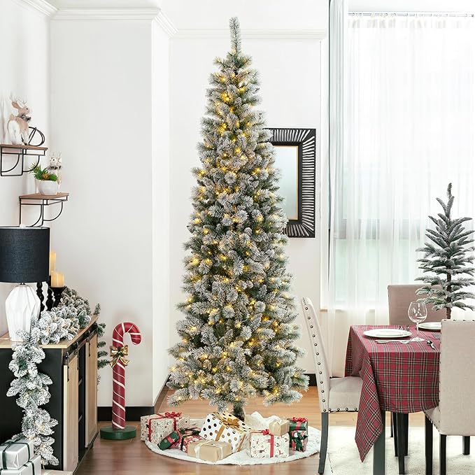 Glitzhome 9ft Pre-Lit Flocked Artificial Christmas Tree, Portland Snowy Pine Pencil Christmas Tree with 450 LED Lights, 9 Functional Warm White/Multi-Color, Remote Controller