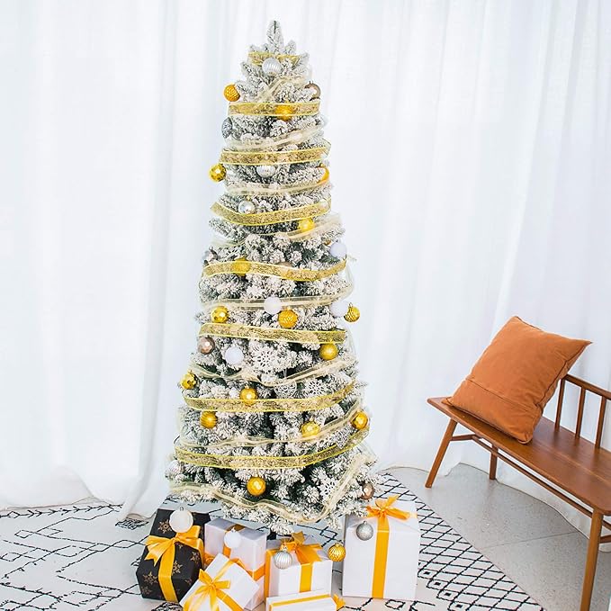 Artificial Christmas Trees,Classic Pencil Tree with White Snow Flocked,Unlit 6FT