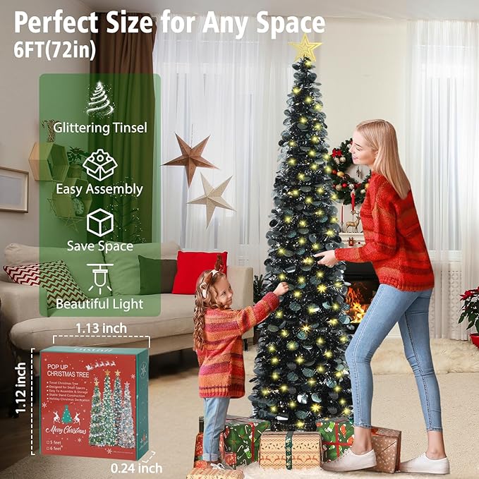 HMASYO 6 FT Pop Up Christmas Tree with 100 LED Lights & Remote, Black Christmas Tinsel Tree, Collapsible Artificial Pencil Tree for Home Office Party Decor, USB Powered Timer Lights, Easy Assembly