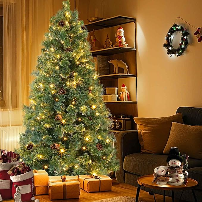 6 Ft by 40" Prelit Full Smoky Pine Christmas Tree with 200 Warm White & Colorful Change Lights Timer,555 Thick Mixed Branch Tips,33 Pinecones,8 Mode,Metal Stand,Hinged Tree Artificial Xmas Tree Decor