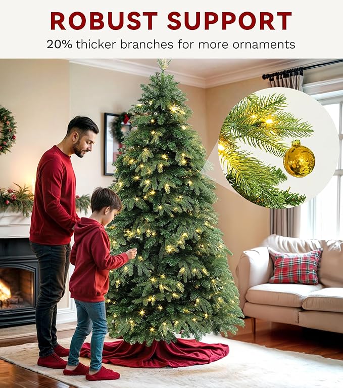 DWVO 6.5ft Pre-lit Artificial Christmas Tree with 1100 Mixed PE & PVC Branch Tips and 350 Lights, Green Christmas Tree, Fit for Home, Office, and Party Decoration