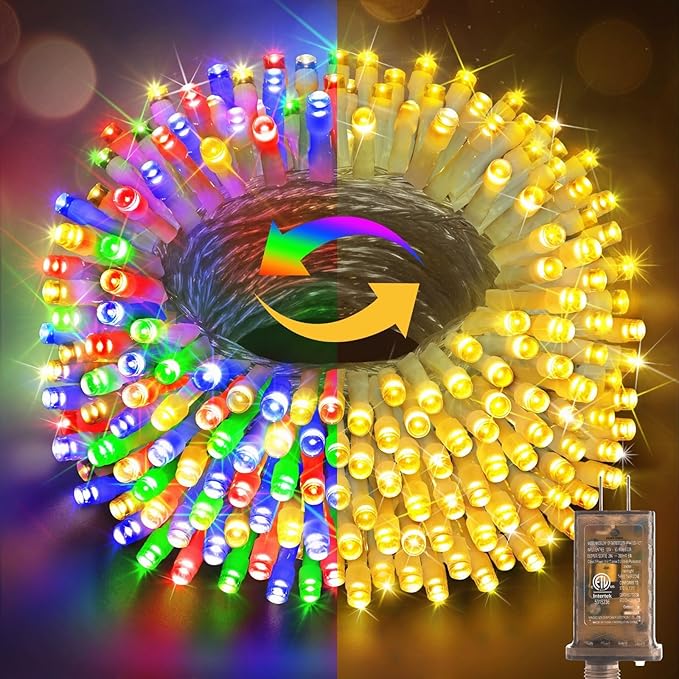Hezbjiti 108FT 300 LED Color Changing Christmas Lights Outdoor, 11 Modes String Lights IP44 Waterproof Fairy Lights for Party Tree Yard Porch Wedding (Multicolor to Warm White, Clear Wire)