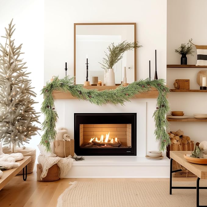 WBHome 2pcs Real Touch Cypress Cedar & Pine Cone Evergreen Garland for Christmas Holiday Seasonal Outdoor/Indoor Home Decor, 9FT Long