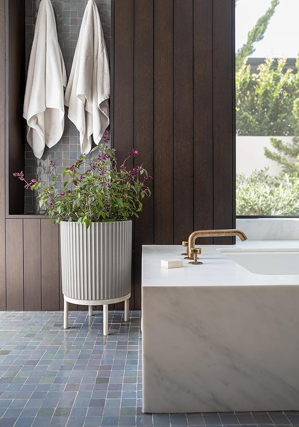 Veradek Demi Series Round Planter w/Stand for Porch/Patio | Durable Plastic-Stone Composite & Wooden Stand | Modern Décor for Tall Plants, Flowers