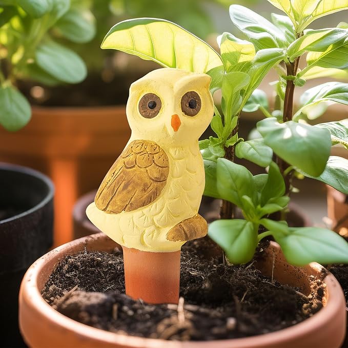 4 Pack Handmade Terracotta Owl Watering Spikes and Globes, Self-Watering Plant Devices with Slow Release System for Continuous Moisture, Perfect Water Bulbs for Indoor and Outdoor Plants Vacation Use