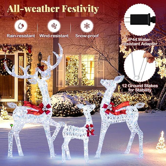 Tangkula 3-Piece Christmas Lighted Iridescent Reindeer Family Set, Pre-lit Xmas Deer Family with 215 Cold White LED Lights, Ground Stakes, Lighted Holiday Decoration for Indoor, Outdoor