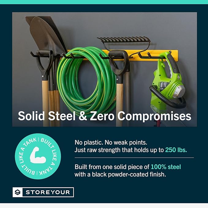 StoreYourBoard Wall-Mounted Rack With 4 Garage Hooks – Heavy-Duty Steel Holder Garage & Garden Storage for Shed, Workshop, or Home Organization – For Rakes, Shovels, Tools & More – 1 Pack, Tractor