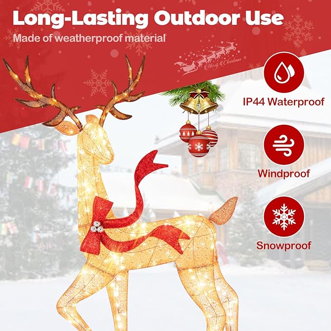 Tangkula 3-Piece Lighted Christmas Reindeer Family Set, 6 FT Xmas Lighted Deer Decorations with 440 Warm White LED Lights & Stakes, Indoor & Outdoor Holiday Decor for Front Yards Garden Lawn Patio