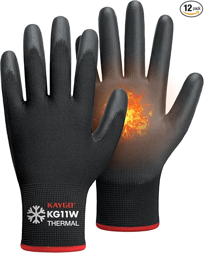 KAYGO Winter Work Gloves for Men and Women, 12 Pairs Thermal Insulated Safety Work Gloves PU Coated, Smooth Grip on Palm & Fingers,Ideal for Freezer Work,Black,M