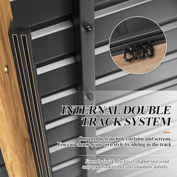 GARTOO 11’x13’ Outdoor Wooden Gazebo, Patio Galvanized Steel Wood Gazebo with Privacy Curtains and Netting, Vented Double Roof Hardtop Pavilion for Garden, Porch, Lawn, Poolside, Backyard, Deck