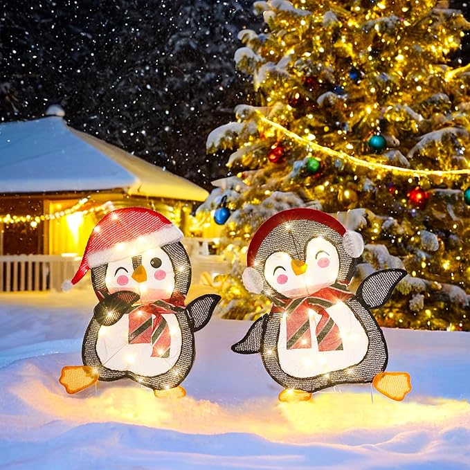 GENIMO 2-Piece 2D Penguin Outdoor Christmas Decorations, 50 Lights Penguin, Pre-Lit Clear Light Up Decor for Holiday Outside Indoor Home Lawn Yard Garden Patio with Scarf Stakes Zip Ties(23.5 in)