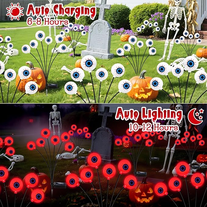 Halloween Decorations Outdoor, 6 Pack 36 LED Solar Scary Eyeball Swaying Lights, Red Solar Firefly Light Waterproof Outdoor Garden Lights for Halloween Yard Garden Party