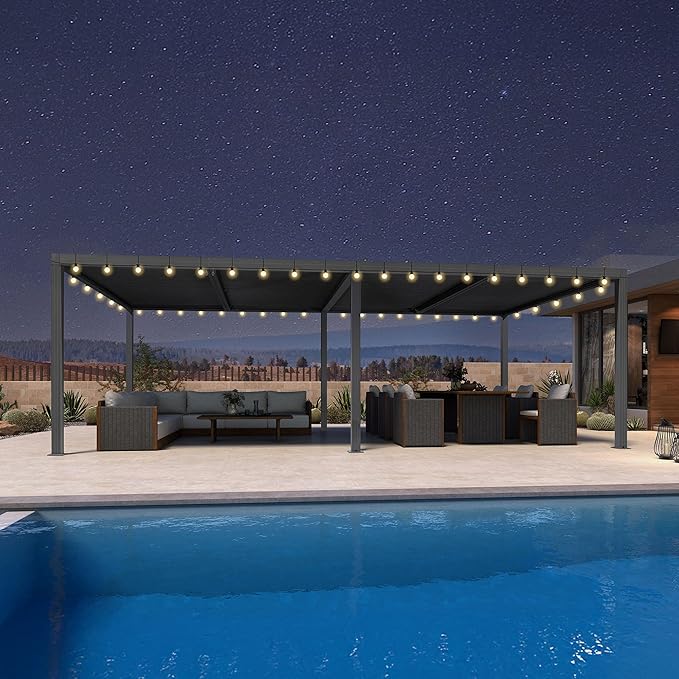 PURPLE LEAF Louvered Pergola 12' x 24' Outdoor Retractable Modern Hardtop Full Aluminum Pergola with Adjustable Rainproof Roof and 36 White LED String Lights for Patio Deck Backyard Slate Grey
