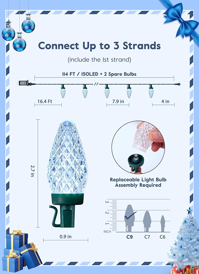 Brightown C9 Christmas Lights Outdoor, 114FT 150 LED Pure White String Lights with Timer, 8 Modes, Plug-in UL Listed Waterproof Connectable Christmas Tree Lights for House, Roof, Garden, Patio Decor