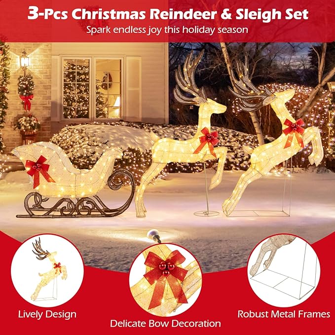 Tangkula 3-Piece Christmas Lighted Reindeer & Sleigh Set, 7 FT Lighted Xmas Holiday Outdoor Yard Decoration Set with Ground Stakes, Indoor & Outdoor Holiday Yard Display for Lawn, Garden