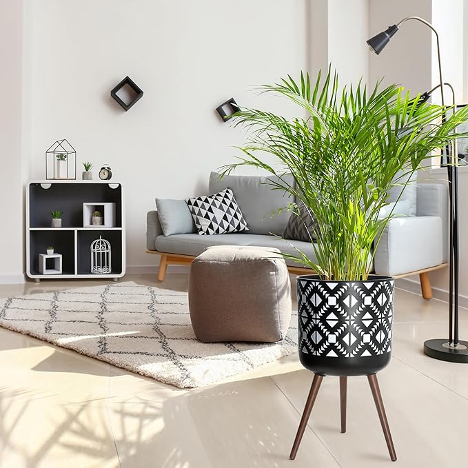 D'vine Dev 16 Inch Planter Pot with Stand, Mid-Century Tall Plant Pot with Legs for Indoor Plants, White/Black, 88-G-E-4
