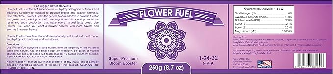 Bloom Booster and Yield Enhancer for Plants - Big, Heavy, Healthy Harvests, for Use in Soil and Hydroponics - Concentrated Phosphorus and Potassium - Flower Fuel 1-34-32, 250g