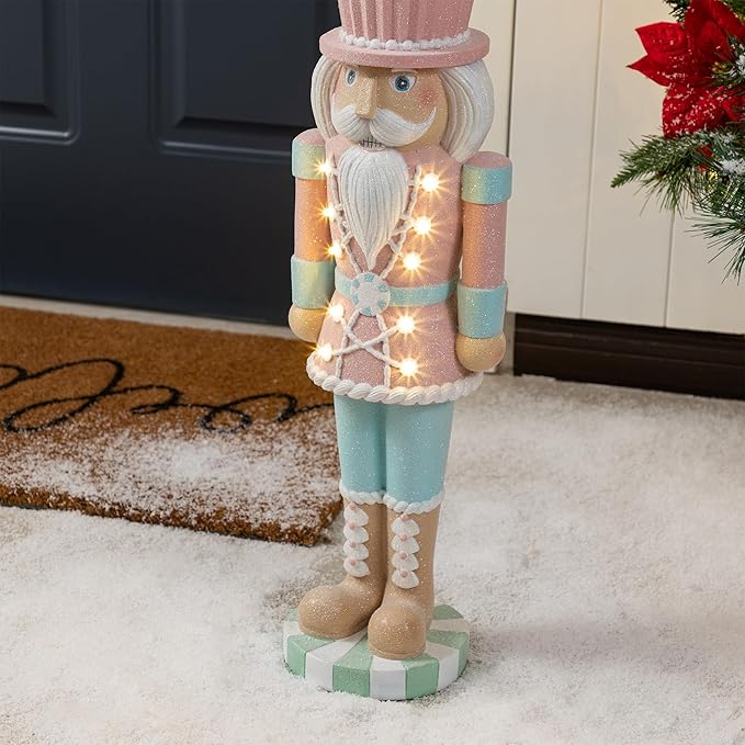Glitzhome Christmas Front Porch Decor, Lighted Macaron Pink and Blue Resin Xmas Cupcake Nutcracker Porch Decor w/Timer for Indoor Outdoor Patio Standing Decor, 28" H