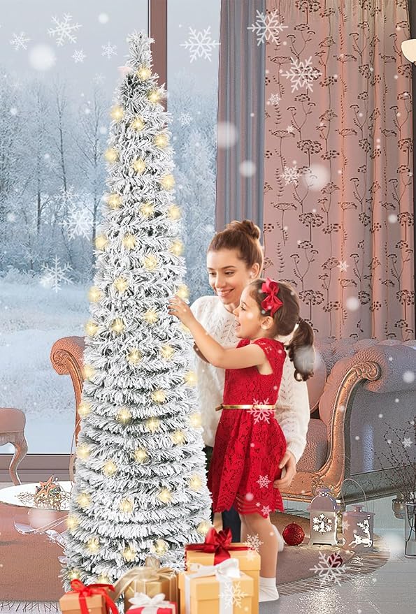 HMASYO 5 FT Pop Up Christmas Tree with Timer Lights, Collapsible Snow Flocked Pencil Christmas Tree, Artificial Slim Xmas Tree for Indoor Home Apartment Porch Holiday Party Decorations