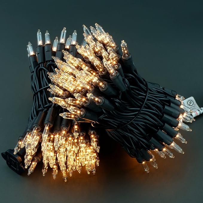 YULETIME 200 Clear Christmas Lights with Black Wire, Pack of 2 Strands of 21 ft 100 Count UL Certified Incandescent Mini String Light (Clear - Black Wire)