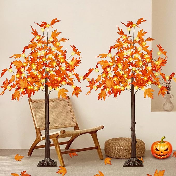 2 Pack 4FT Artificial Lighted Maple Tree, Fall Decorations for Home with Timer, 100 LED Prelit Fall Decor Maple Tree with Warm White Light for Indoor Outdoor Harvest Halloween Thanksgiving Day, Orange