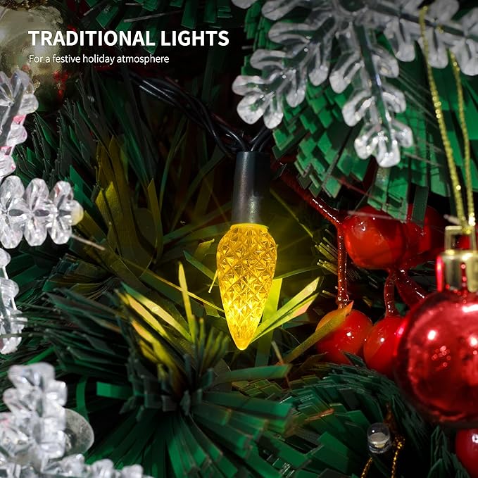 WATERGLIDE C6 Christmas Lights, 33ft 100 LED Faceted String Lights Green Wire Fairy Lights with 29V Safe Adaptor, 8 Lighting Mode, Waterproof for Indoor Outdoor Patio Xmas Tree Party Decor, Yellow