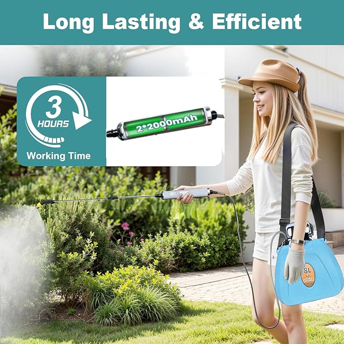 2025 New 7.4V Powerful Electric Sprayer with Waterproof Handle, USB Charging, 6 Spray Heads, 2.1 gallons, Adjustable Rod and Shoulder Strap, Suitable for Gardens, lawns, etc., Lasts About 3 Hours