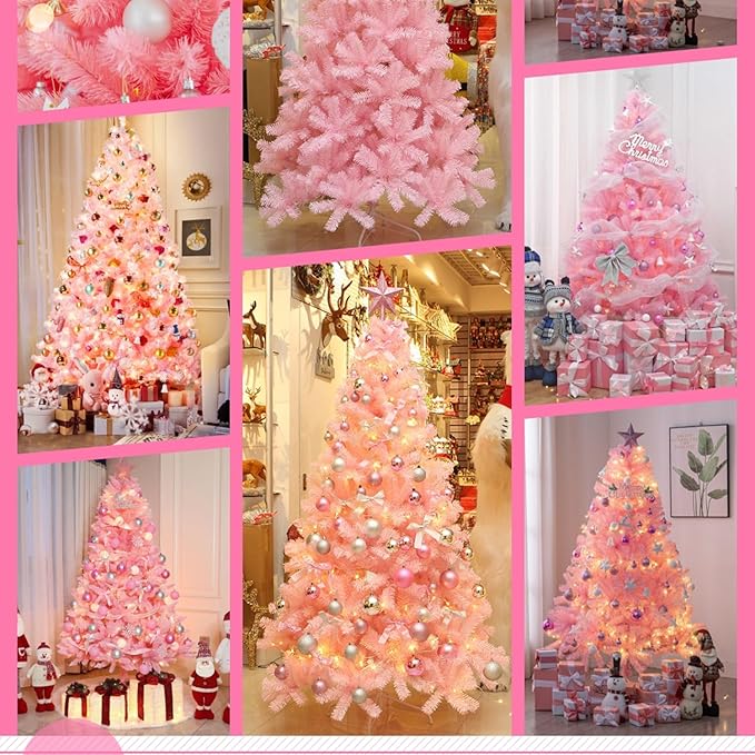 Juegoal 6 FT Artificial Christmas Tree (NOT Pre-Strung) with 300 LED Warm White String Lights, Spruce Hinged Tree, 8 Lighting Modes, Fake Xmas Pine Tree with Metal Legs, 850 Branch Tips, Pink